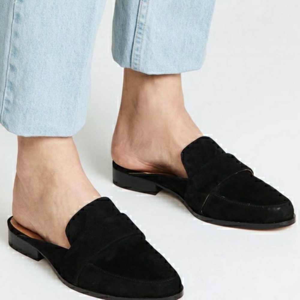New Rebecca Minkoff Mika Black Suede Mule Flats
